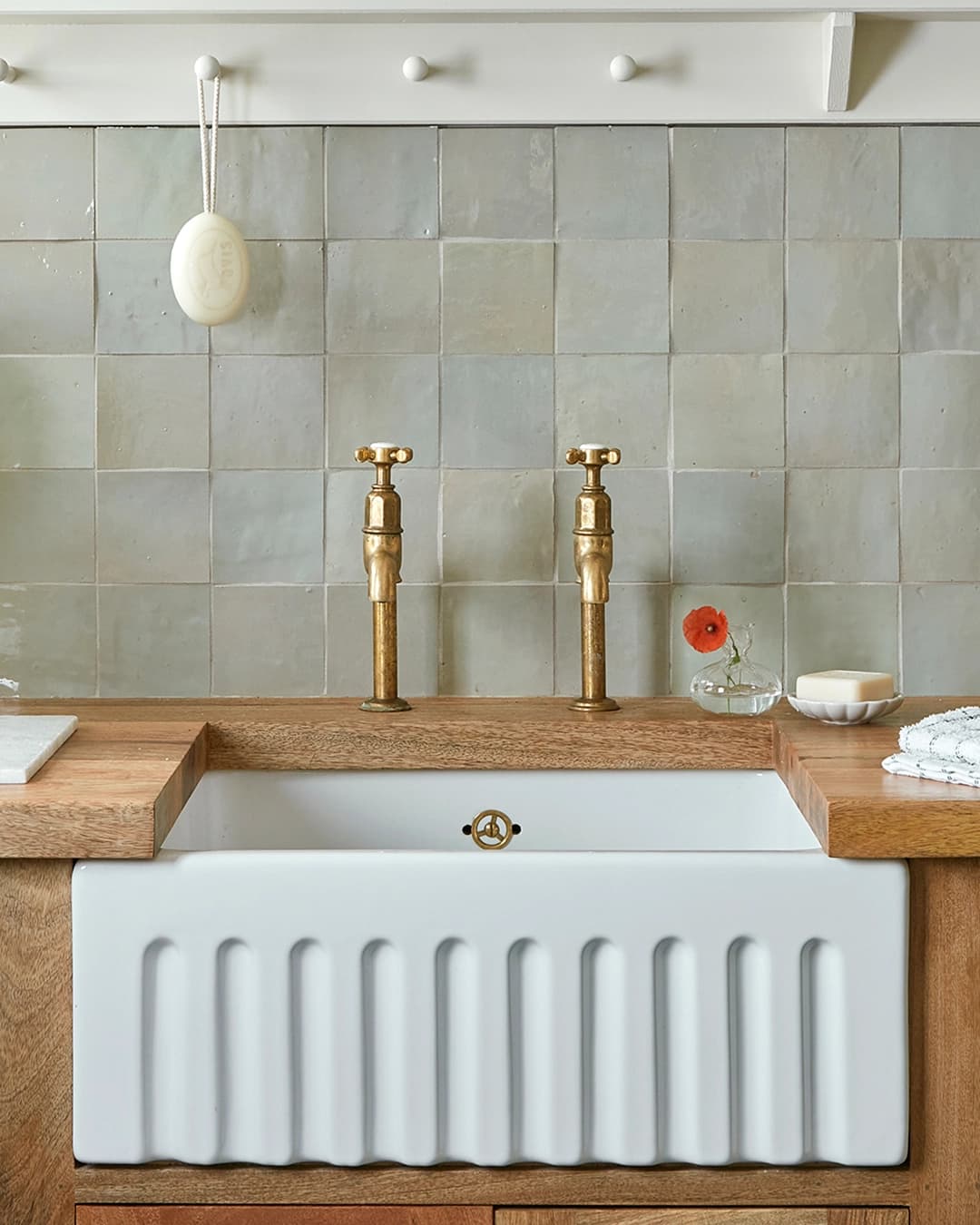 Zellige tile kitchen backsplash in light green